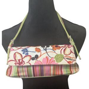 Y2K Fast Fin Beaded Floral Stripe Shoulder Bag Pink Green Mini Baguette